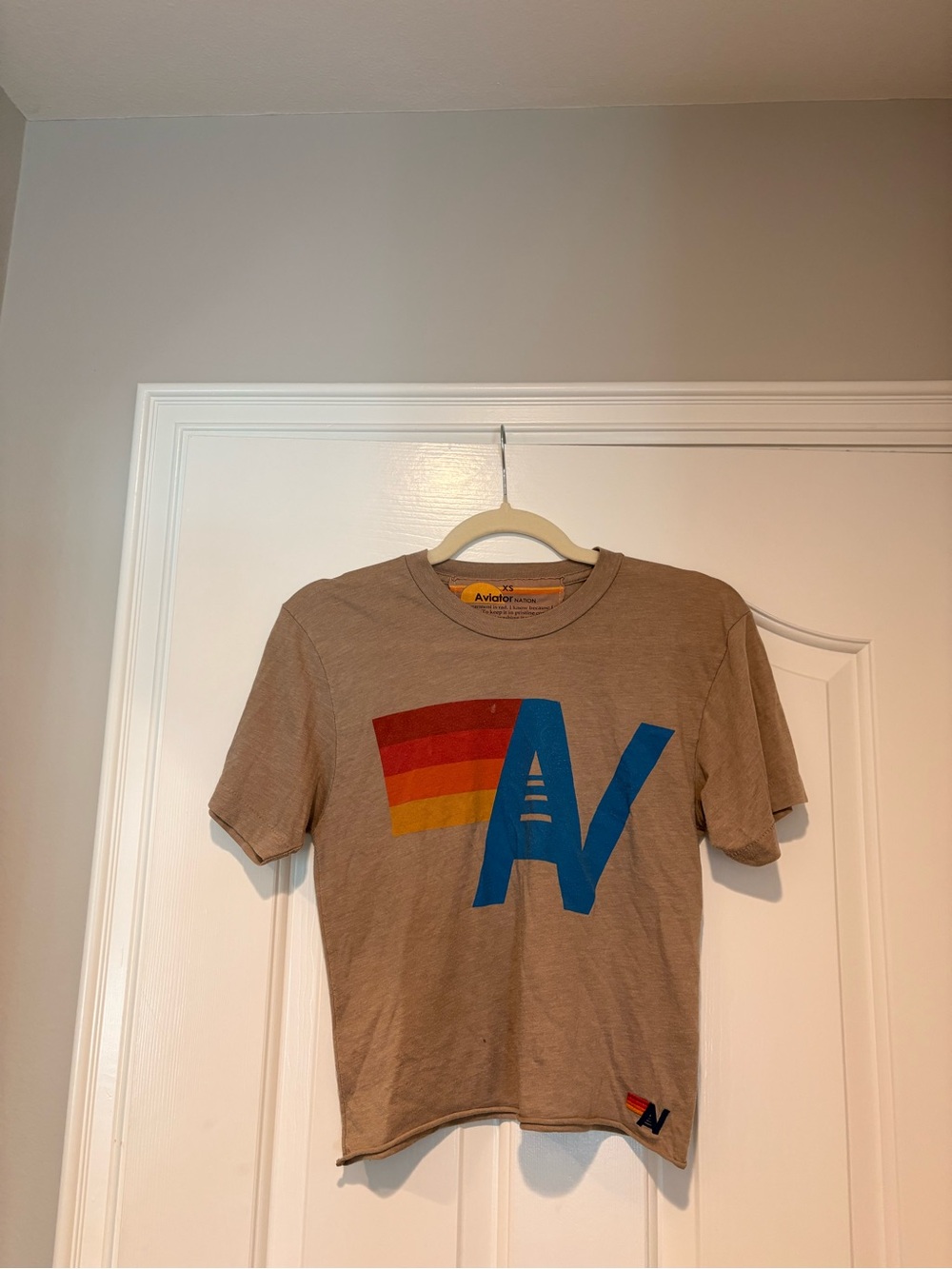 Aviator Nation Kids Beige Tee with Blue 'A' and Warm Rainbow